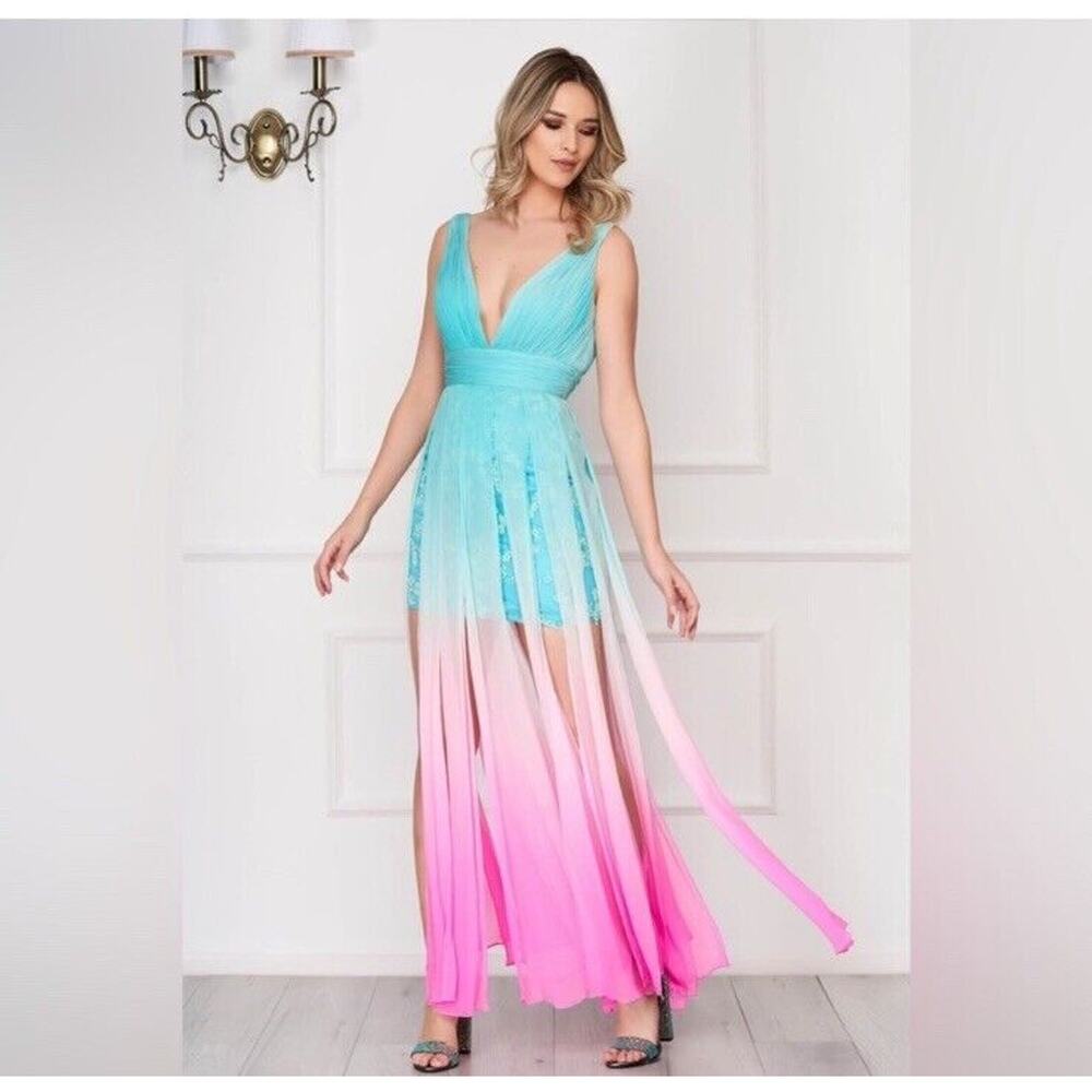 Sherri Hill Ombre Aqua to Pink High-Low Cocktail Dress - Picture 5 of 13